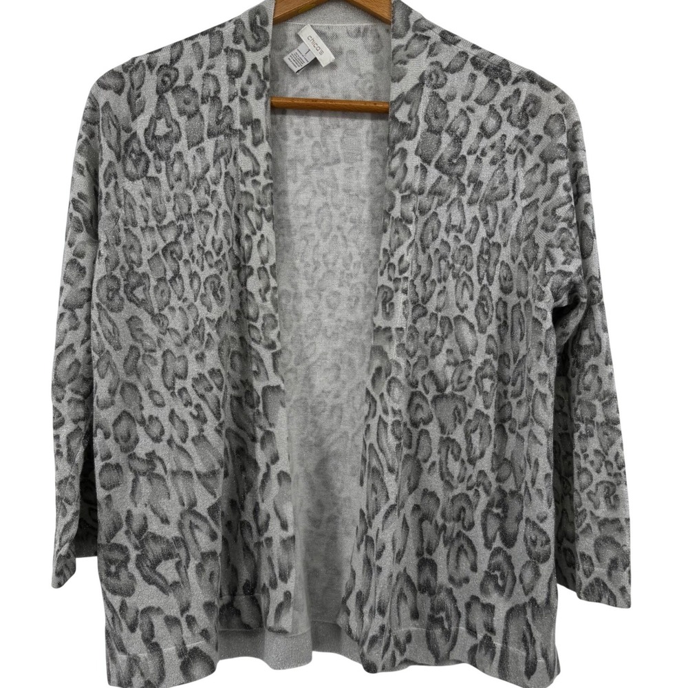 Chicos Metallic Silver Grey Leopard Print Open Front Cardigan Sweater Size 1 Med